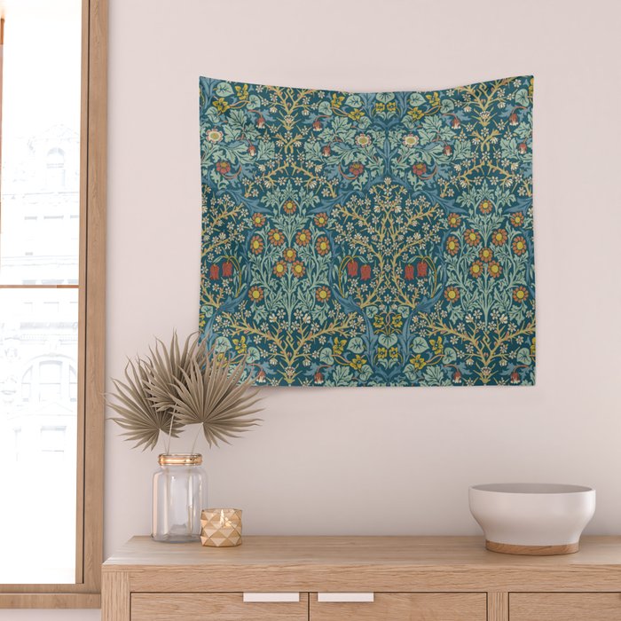 William Morris Vintage Blackthorn Bright Indigo Wall Tapestry Gallery Image 2