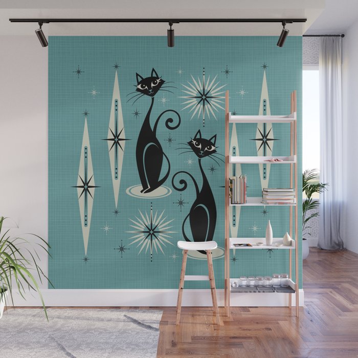 Mid Century Meow Retro Atomic Cats on Blue Wall Mural Gallery Image 1