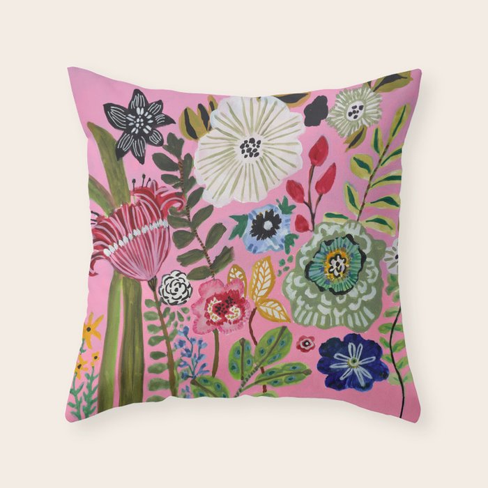 Pink Garden Flowers Throw Pillow Gallery Image 1