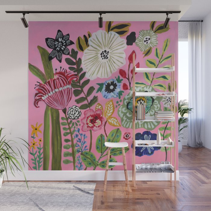 Pink Garden Flowers Wall Mural Gallery Image 1