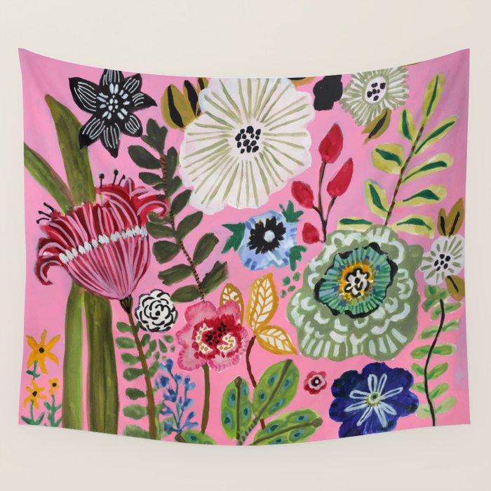 Pink Garden Flowers Wall Tapestry Gallery Image 1