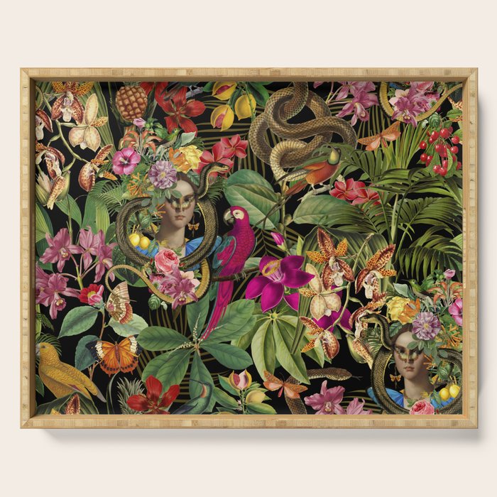 Snake Princess Tropical Jungle Vibes Multicolor  Black Serving Tray Gallery Image 1