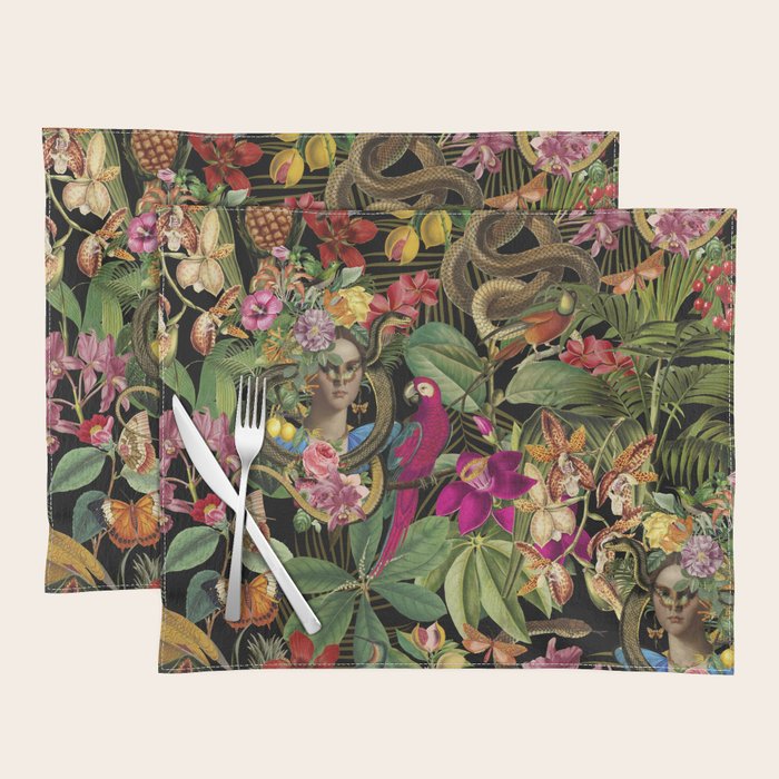 Snake Princess Tropical Jungle Vibes Multicolor  Black Placemat Gallery Image 1