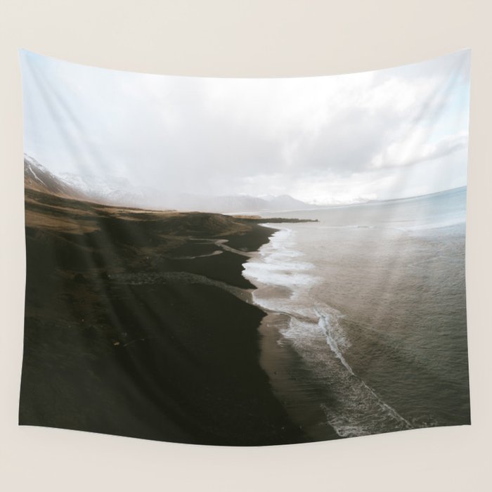 Moody black sand beach in Iceland - Landscape Photography Wall Tapestry Gallery Image 1