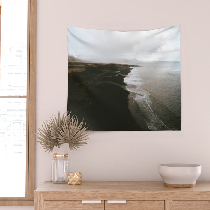 Moody black sand beach in Iceland - Landscape Photography Wall Tapestry Gallery Image 2