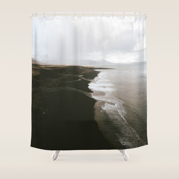 Moody black sand beach in Iceland - Landscape Photography Shower Curtain Gallery Image 1