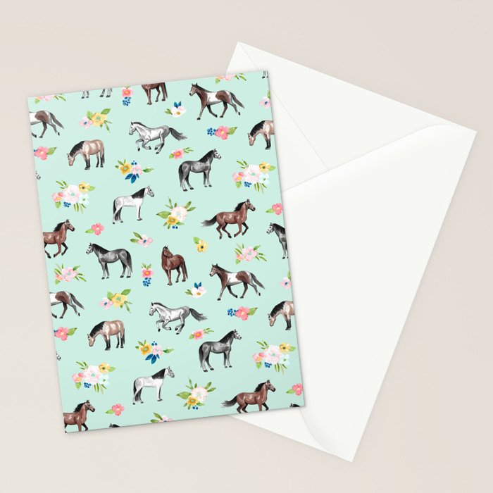 Horses and Small Flowers, Mint Blue, Horse Decor, Floral Print, Horse Art Stationery Card Gallery Image 2