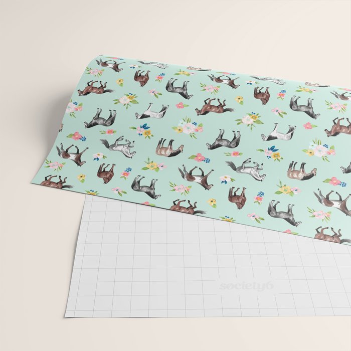 Horses and Small Flowers, Mint Blue, Horse Decor, Floral Print, Horse Art Wrapping Paper Gallery Image 2