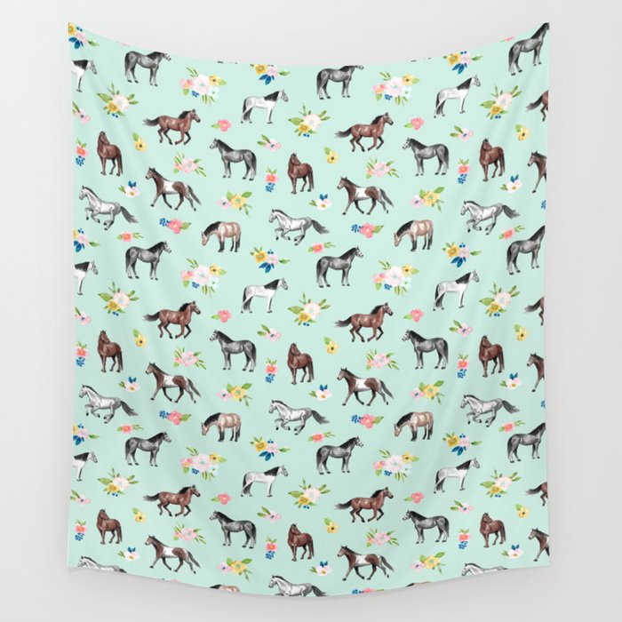 Horses and Small Flowers, Mint Blue, Horse Decor, Floral Print, Horse Art Wall Tapestry Gallery Image 4