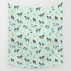 Horses and Small Flowers, Mint Blue, Horse Decor, Floral Print, Horse Art Wall Tapestry Gallery Image 4