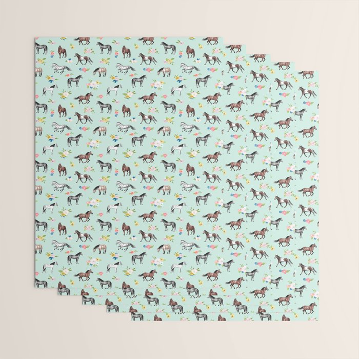Horses and Small Flowers, Mint Blue, Horse Decor, Floral Print, Horse Art Wrapping Paper Gallery Image 3