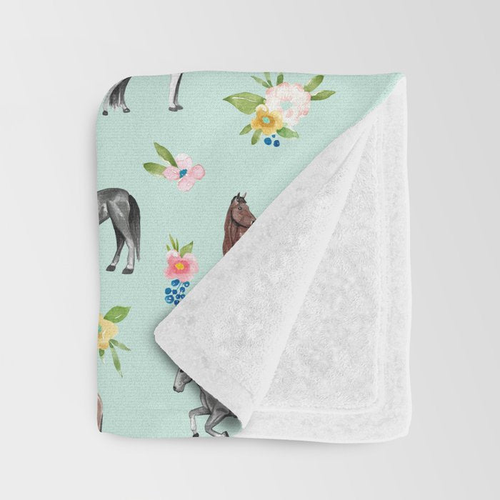 Horses and Small Flowers, Mint Blue, Horse Decor, Floral Print, Horse Art Throw Blanket Gallery Image 3
