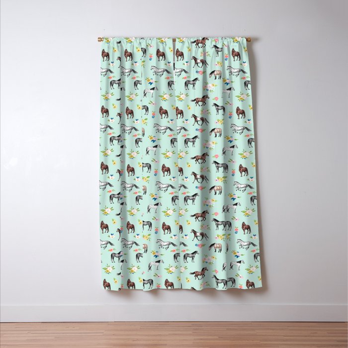 Horses and Small Flowers, Mint Blue, Horse Decor, Floral Print, Horse Art Window Curtain Gallery Image 3