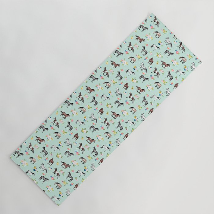 Horses and Small Flowers, Mint Blue, Horse Decor, Floral Print, Horse Art Yoga Mat Gallery Image 1