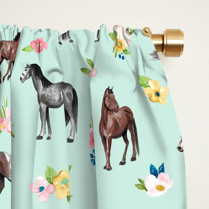 Horses and Small Flowers, Mint Blue, Horse Decor, Floral Print, Horse Art Window Curtain Gallery Image 2