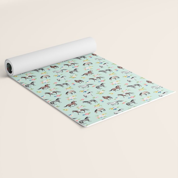 Horses and Small Flowers, Mint Blue, Horse Decor, Floral Print, Horse Art Yoga Mat Gallery Image 2