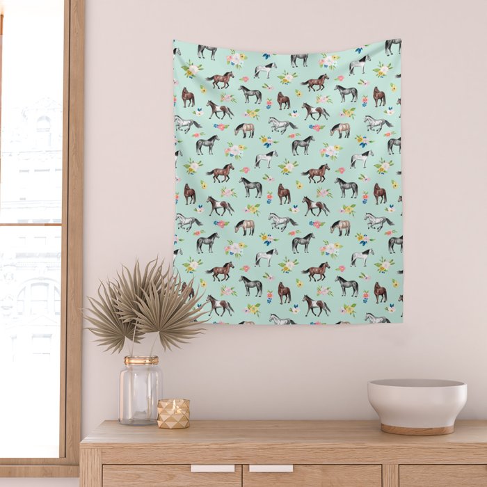 Horses and Small Flowers, Mint Blue, Horse Decor, Floral Print, Horse Art Wall Tapestry Gallery Image 2