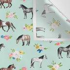 Horses and Small Flowers, Mint Blue, Horse Decor, Floral Print, Horse Art Wall Tapestry Gallery Image 3