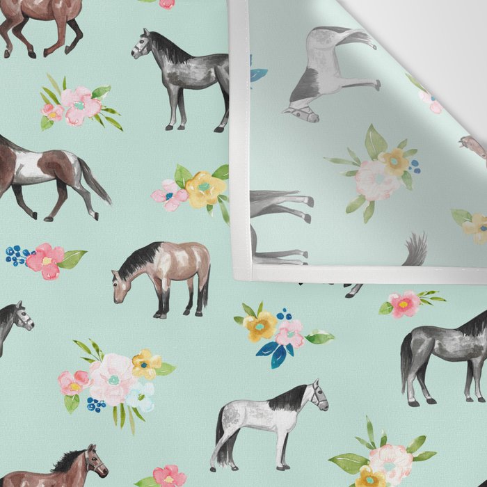 Horses and Small Flowers, Mint Blue, Horse Decor, Floral Print, Horse Art Wall Tapestry Gallery Image 3