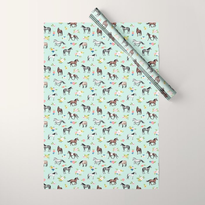 Horses and Small Flowers, Mint Blue, Horse Decor, Floral Print, Horse Art Wrapping Paper Gallery Image 1