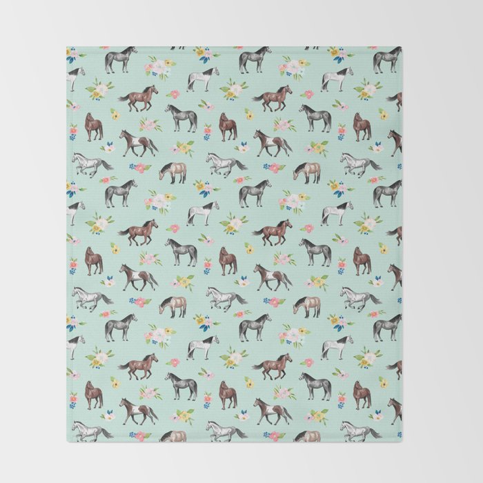 Horses and Small Flowers, Mint Blue, Horse Decor, Floral Print, Horse Art Throw Blanket Gallery Image 2