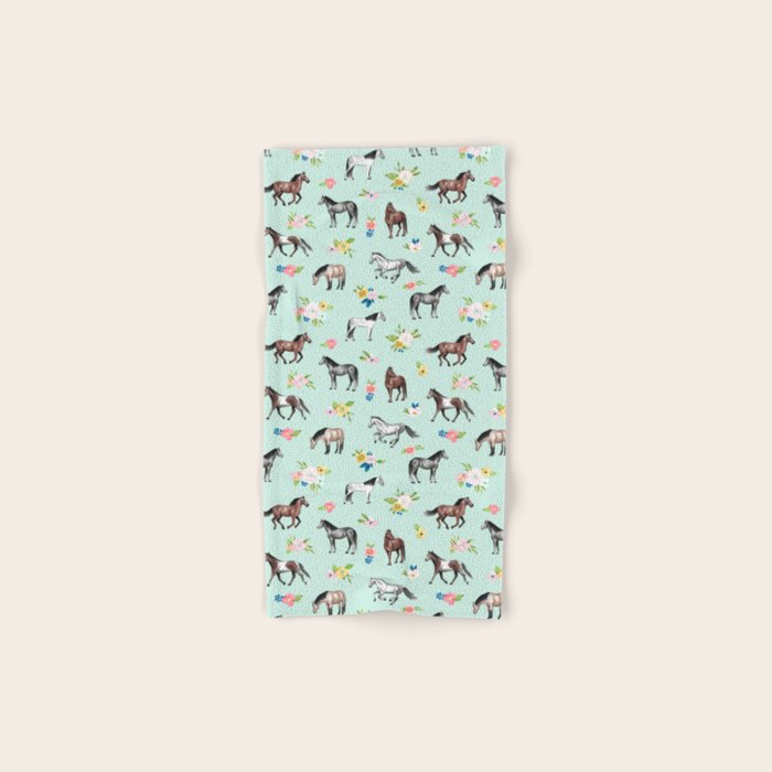 Horses and Small Flowers, Mint Blue, Horse Decor, Floral Print, Horse Art Bath Towel Gallery Image 1