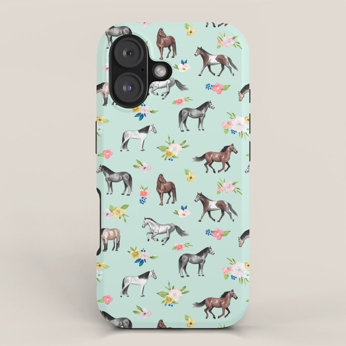 Horses and Small Flowers, Mint Blue, Horse Decor, Floral Print, Horse Art iPhone Case Gallery Image 1