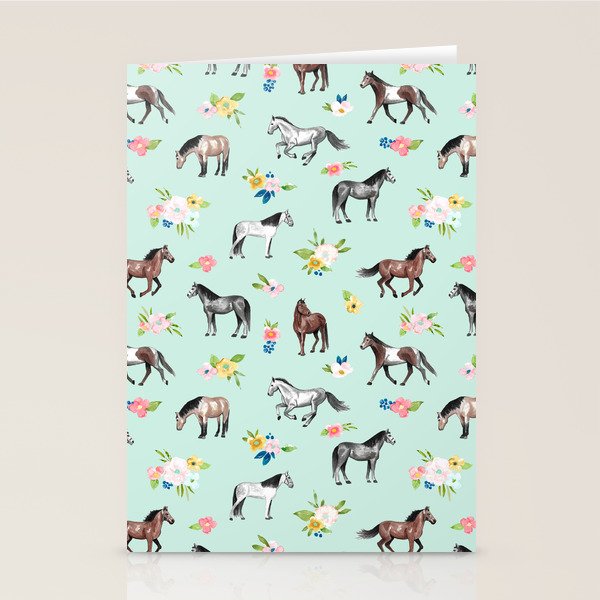 Horses and Small Flowers, Mint Blue, Horse Decor, Floral Print, Horse Art Stationery Card Gallery Image 2