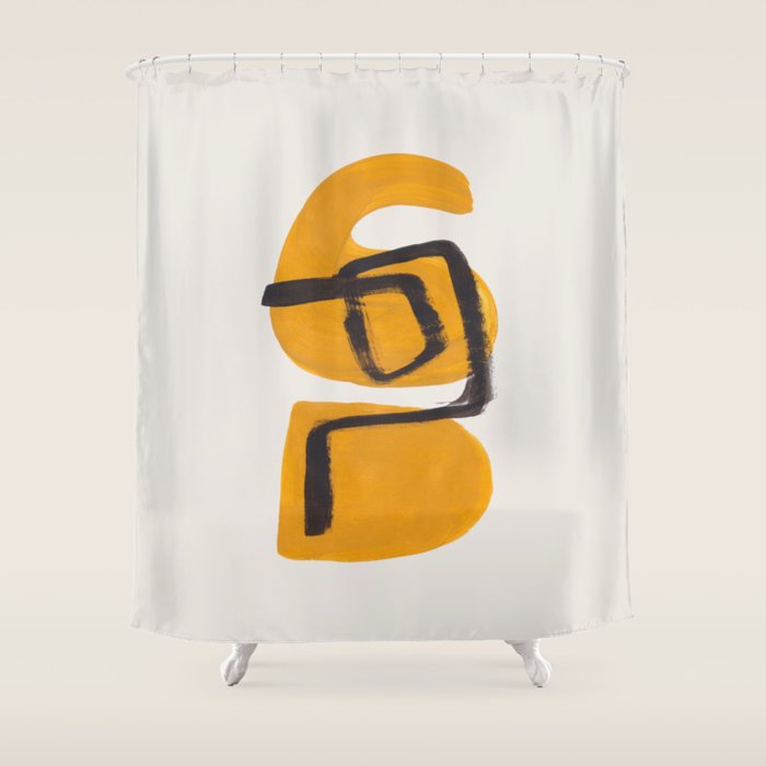 Funky Strange Mid Century Modern Minimalist Art Yellow Black Abstract Pattern by Ejaaz Haniff Shower Curtain Gallery Image 1