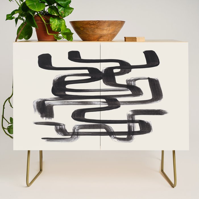 Mid Century Modern Minimalist Abstract Art Brush Strokes Black & White Ink Art Pipe Maze Credenza Gallery Image 1