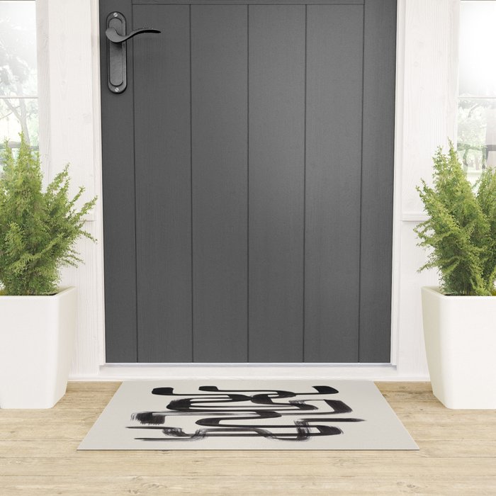 Mid Century Modern Minimalist Abstract Art Brush Strokes Black & White Ink Art Pipe Maze Welcome Mat Gallery Image 3