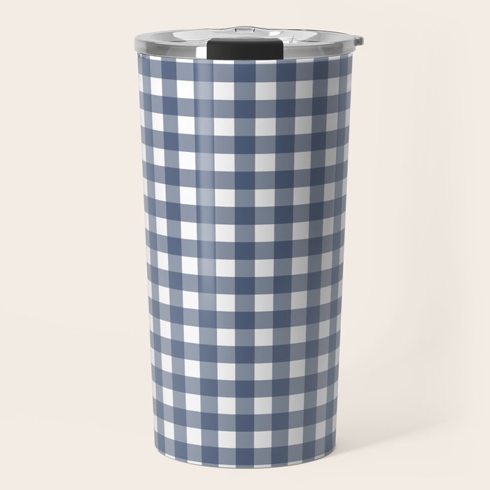 Gingham Plaid Pattern in Navy Blue and White Travel Mug Gallery Image 1