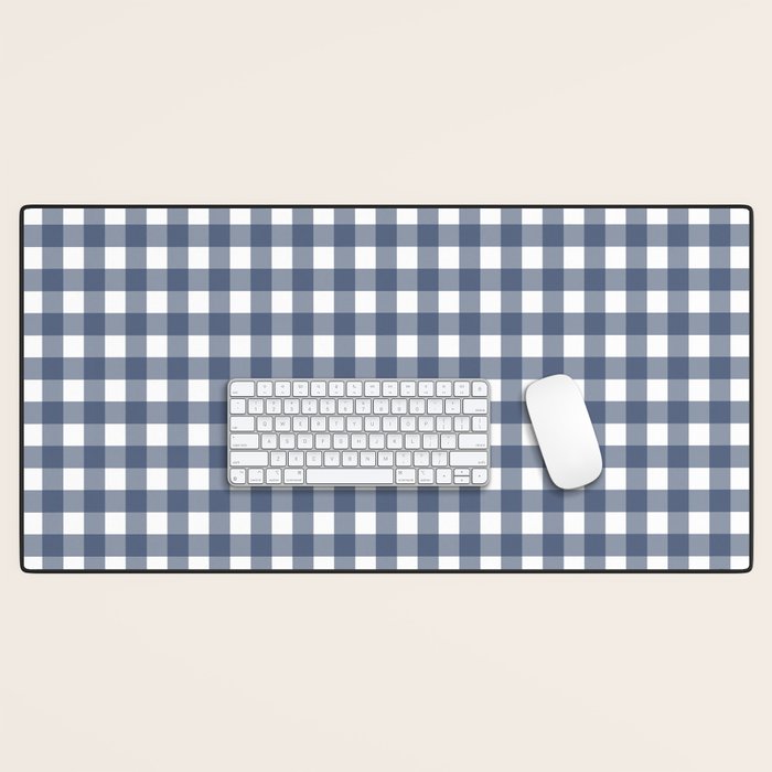 Gingham Plaid Pattern in Navy Blue and White Desk Mat Gallery Image 1