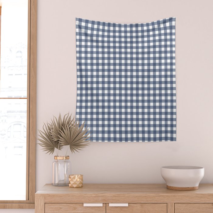 Gingham Plaid Pattern in Navy Blue and White Wall Tapestry Gallery Image 2