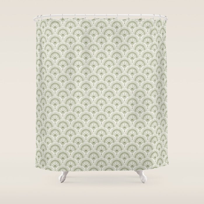 Surfside Deco . Lush Green on Neutral Shower Curtain Gallery Image 1