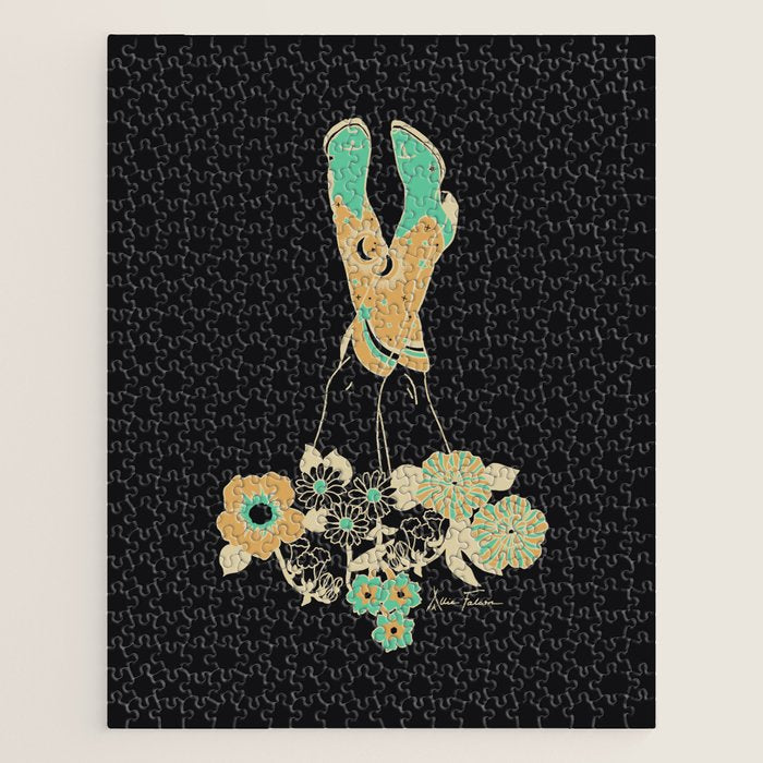 Love Stoned Cowboy Boots - Emerald, Cream, Black Jigsaw Puzzle Gallery Image 1