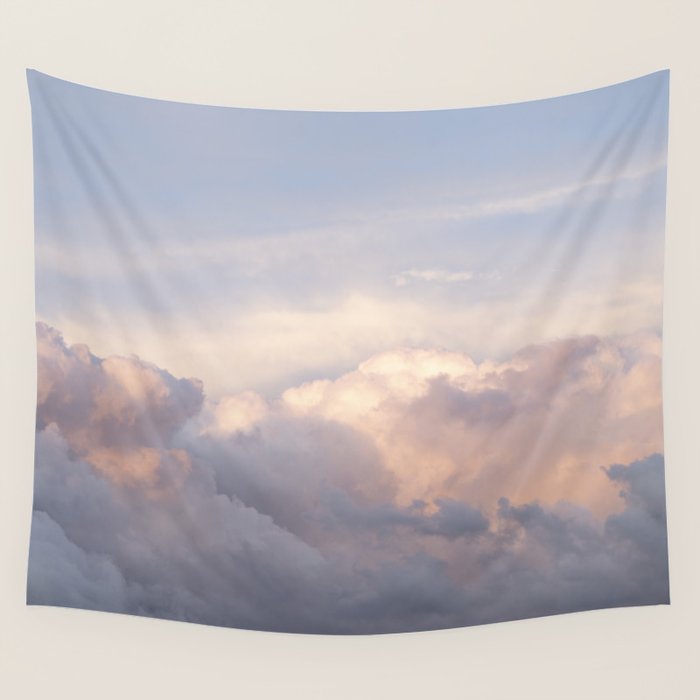 Blush pink clouds in Norway, and dreamy pink and pastel blue - summer sunset nature photography Wall Tapestry Gallery Image 1
