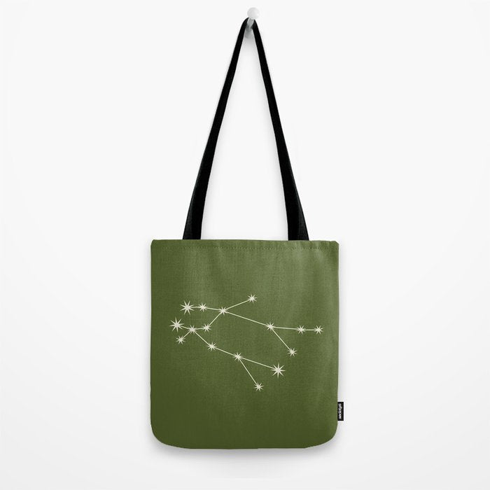 Gemini Zodiac Star Constellation Line Art Olive Green Tote Bag Gallery Image 2