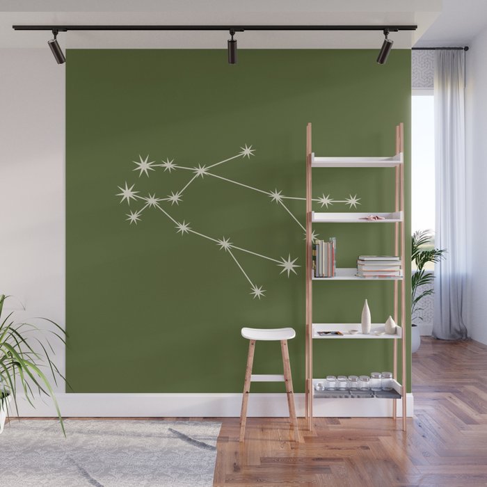 Gemini Zodiac Star Constellation Line Art Olive Green Wall Mural Gallery Image 1