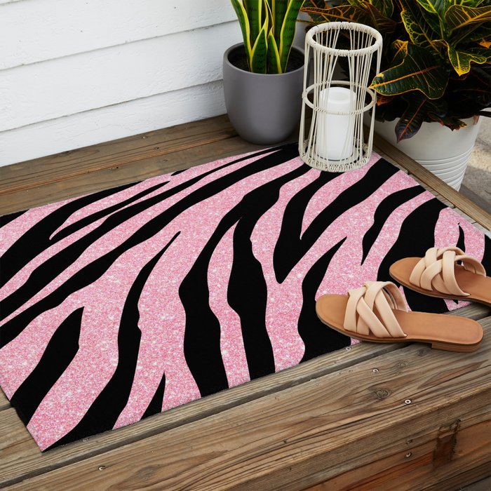 y2k mcbling light pink glitter zebra Outdoor Rug Gallery Image 2
