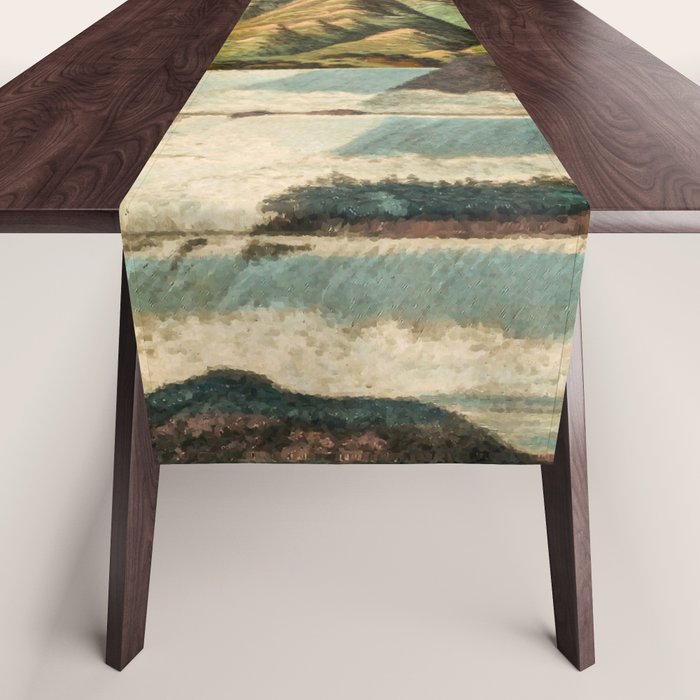 Departing in Dreams - Mountain and Waterfalls - Nature Landscape in Green, Brown, Blue Table Runner Gallery Image 1