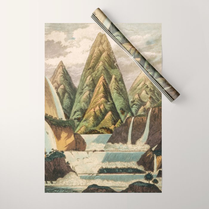 Departing in Dreams - Mountain and Waterfalls - Nature Landscape in Green, Brown, Blue Wrapping Paper Gallery Image 1