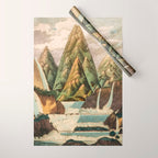 Departing in Dreams - Mountain and Waterfalls - Nature Landscape in Green, Brown, Blue Wrapping Paper Gallery Image 1