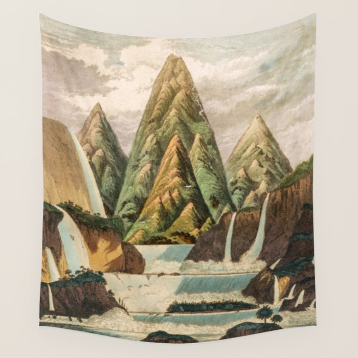 Departing in Dreams - Mountain and Waterfalls - Nature Landscape in Green, Brown, Blue Wall Tapestry Gallery Image 4