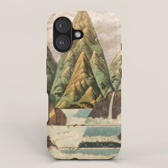 Departing in Dreams - Mountain and Waterfalls - Nature Landscape in Green, Brown, Blue iPhone Case Gallery Image 1