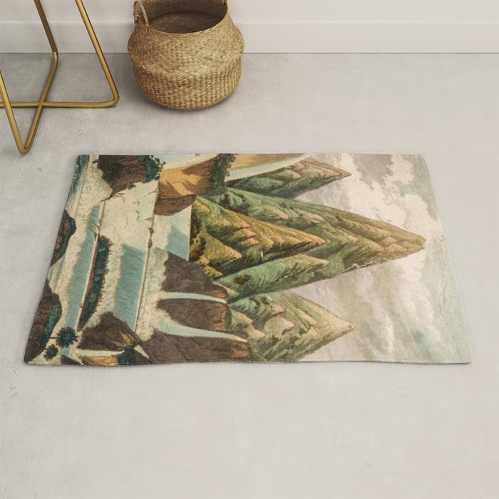 Departing in Dreams - Mountain and Waterfalls - Nature Landscape in Green, Brown, Blue Rug Gallery Image 1