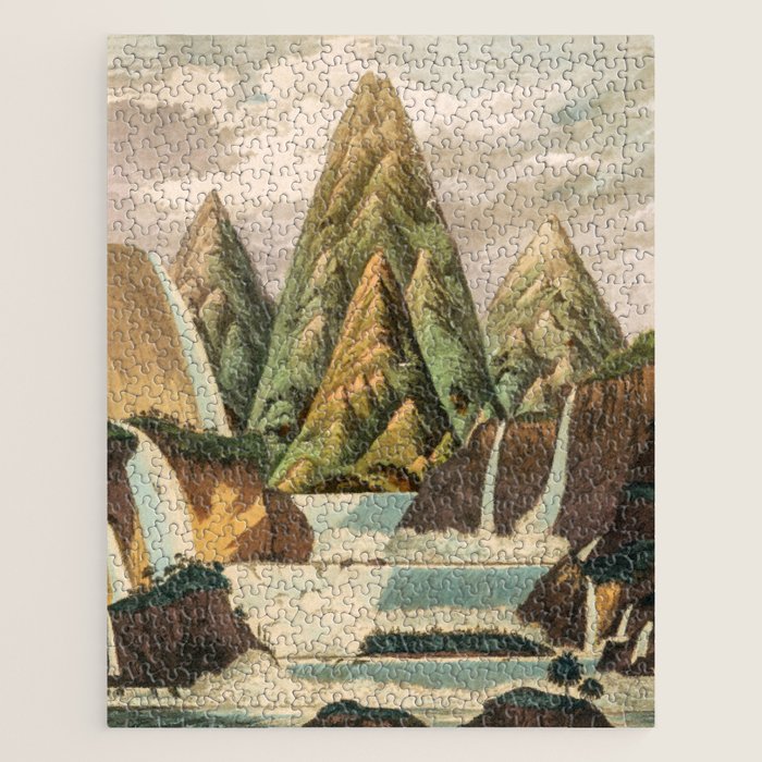 Departing in Dreams - Mountain and Waterfalls - Nature Landscape in Green, Brown, Blue Jigsaw Puzzle Gallery Image 1