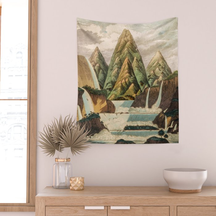 Departing in Dreams - Mountain and Waterfalls - Nature Landscape in Green, Brown, Blue Wall Tapestry Gallery Image 2
