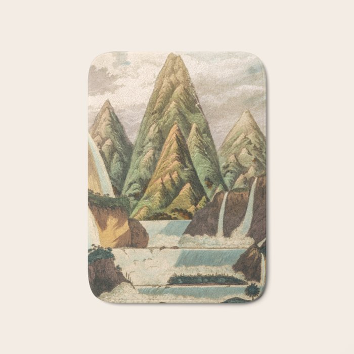 Departing in Dreams - Mountain and Waterfalls - Nature Landscape in Green, Brown, Blue Bath Mat Gallery Image 1