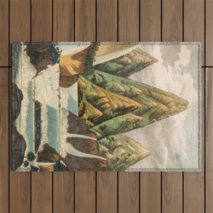 Departing in Dreams - Mountain and Waterfalls - Nature Landscape in Green, Brown, Blue Outdoor Rug Gallery Image 1